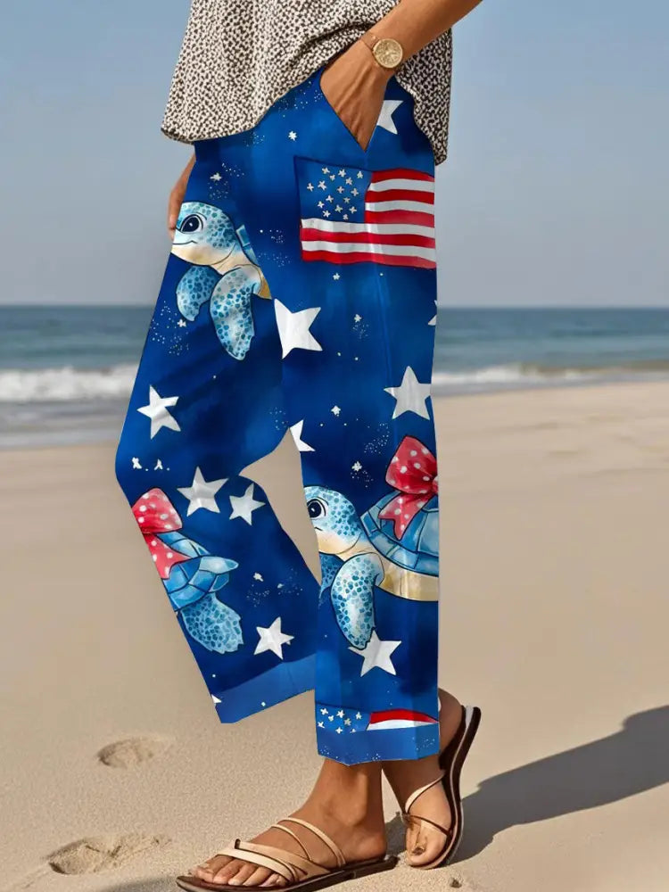 Women’s Beach Turtle America Flag Print Casual Pants As picture / S