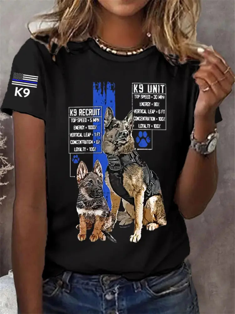 Women’s Blue Line Patriotic K9 Police Officer Dog T-Shirt Black / S