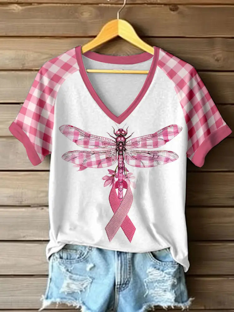 Women’s Breast Cancer Awareness Dragonfly V-neck T-shirt Pink / S