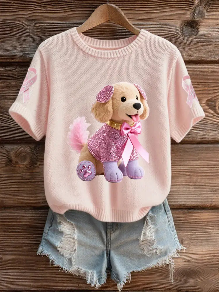 Women’s Breast Cancer Awareness Support Pink Dog Pink Ribbon Print Short Sleeve Top Light Pink / S