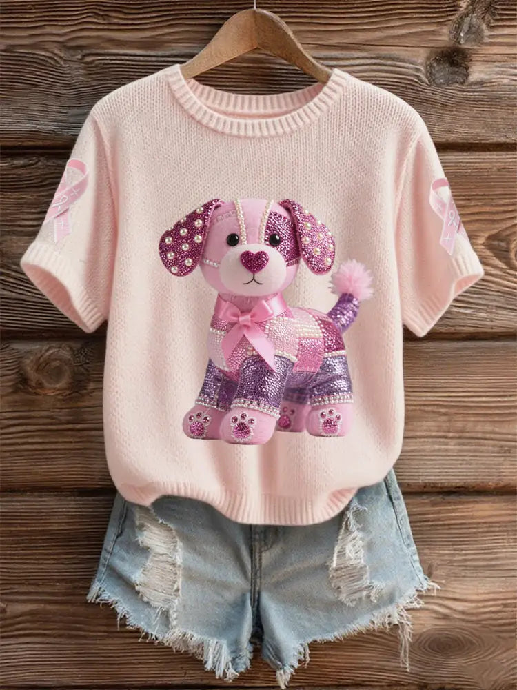 Women’s Breast Cancer Awareness Support Pink Dog Pink Ribbon Print Short Sleeve Top Light Pink / S