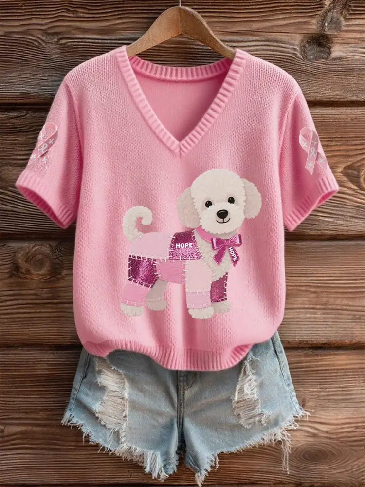 Women’s Breast Cancer Awareness Support Pink Dog Pink Ribbon Print Short Sleeve Top Pink / S