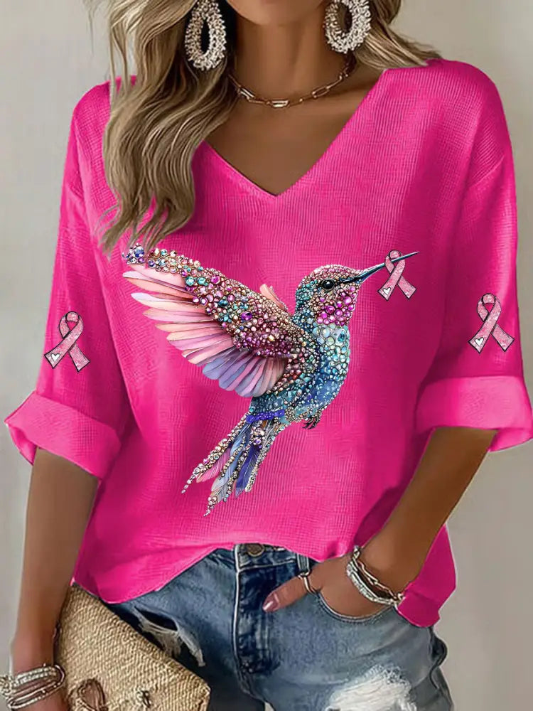 Women’s Breast Cancer Hummingbird Print Casual T shirt Rose Red / S
