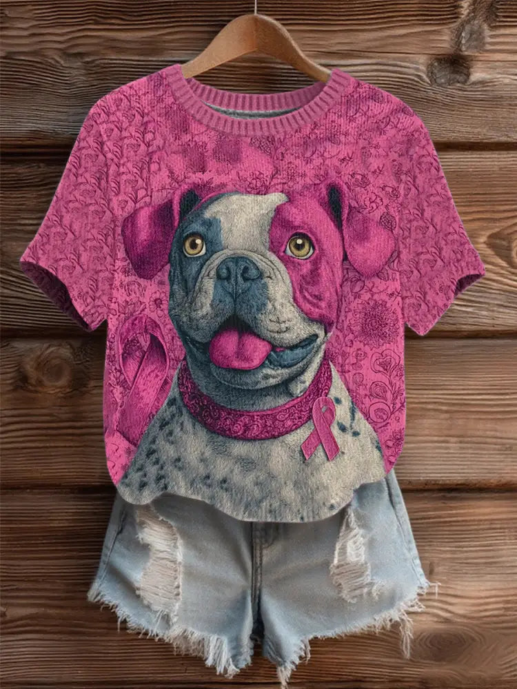 Women’s Breast Cancer Patchwork Dog Art Cozy Knit Top As picture / S