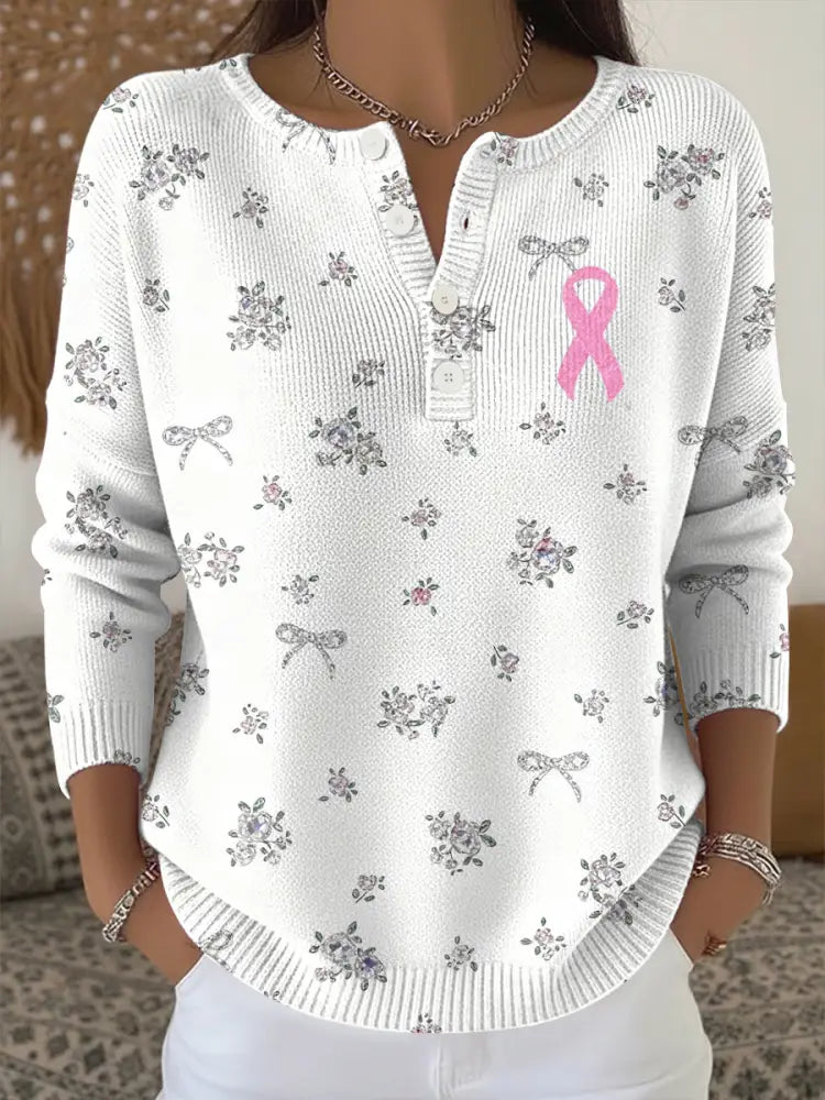 Women’s Breast Cancer Pink Floral Print Knit Top As picture / S