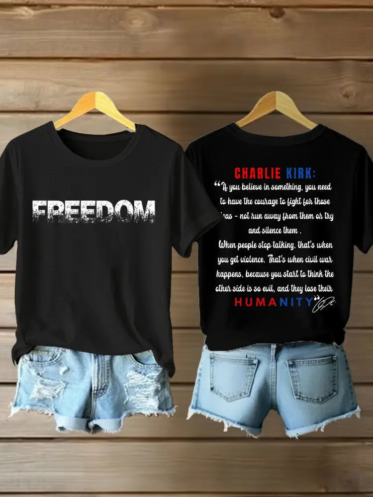 Women’s Charlie Kirk Freedom Print Iron On Short Sleeve T-Shirt Black / S