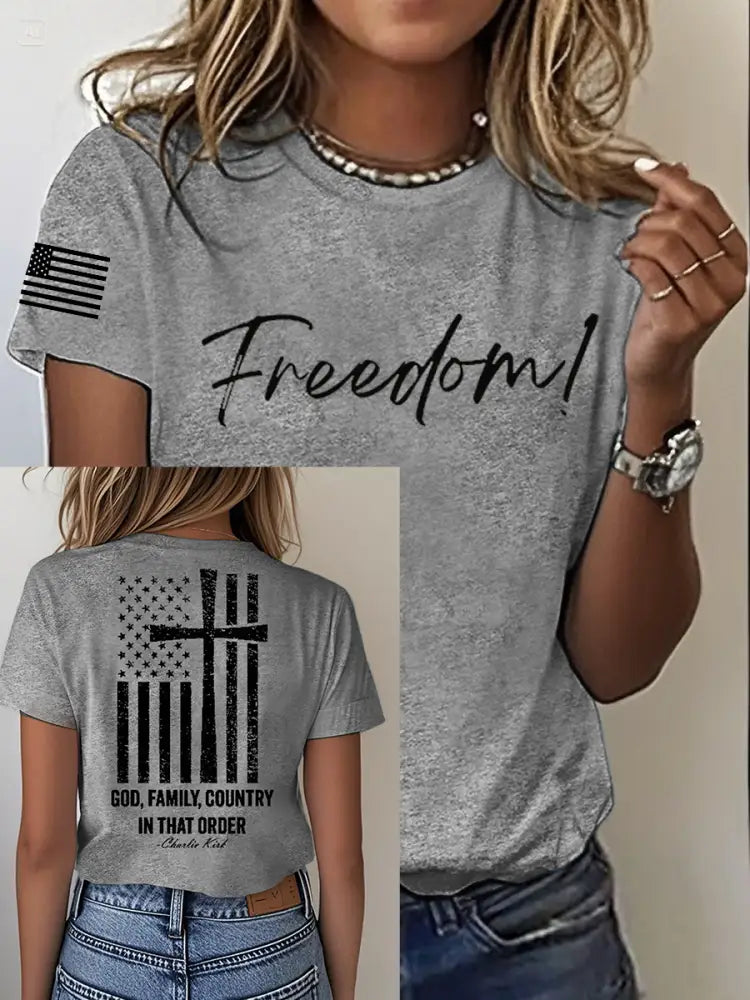 Women’s Charlie Kirk Freedom Print Iron On Short Sleeve T-Shirt Light Gray / S