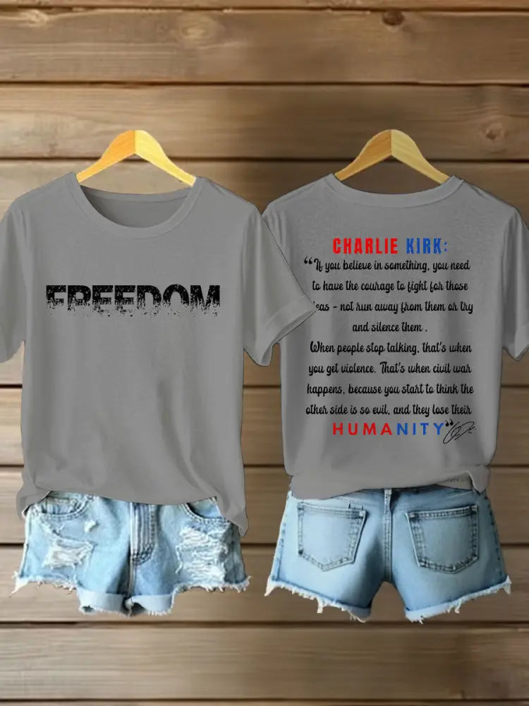 Women’s Charlie Kirk Freedom Print Iron On Short Sleeve T-Shirt Light Gray / S