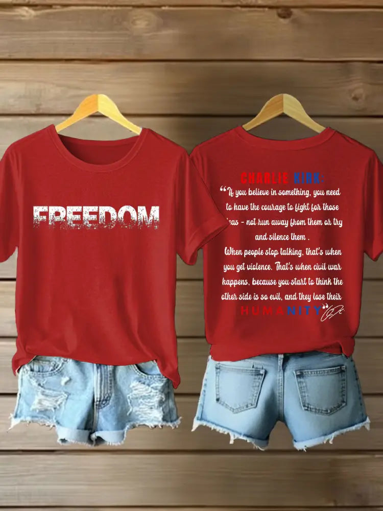 Women’s Charlie Kirk Freedom Print Iron On Short Sleeve T-Shirt Red / S