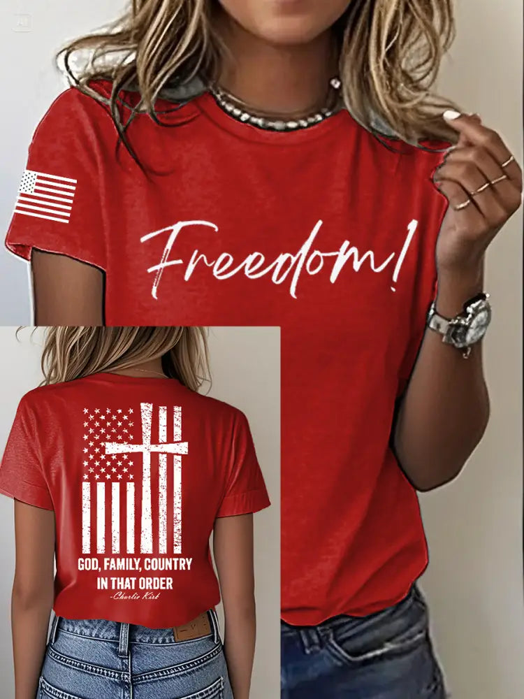 Women’s Charlie Kirk Freedom Print Iron On Short Sleeve T-Shirt Red / S