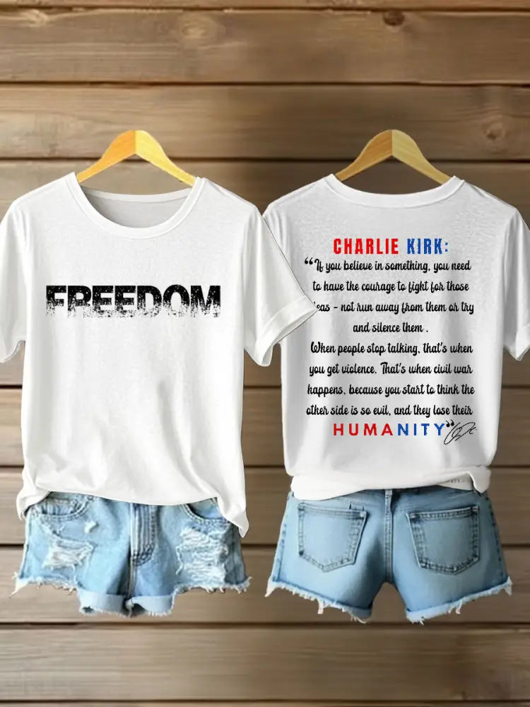 Women’s Charlie Kirk Freedom Print Iron On Short Sleeve T-Shirt White / S