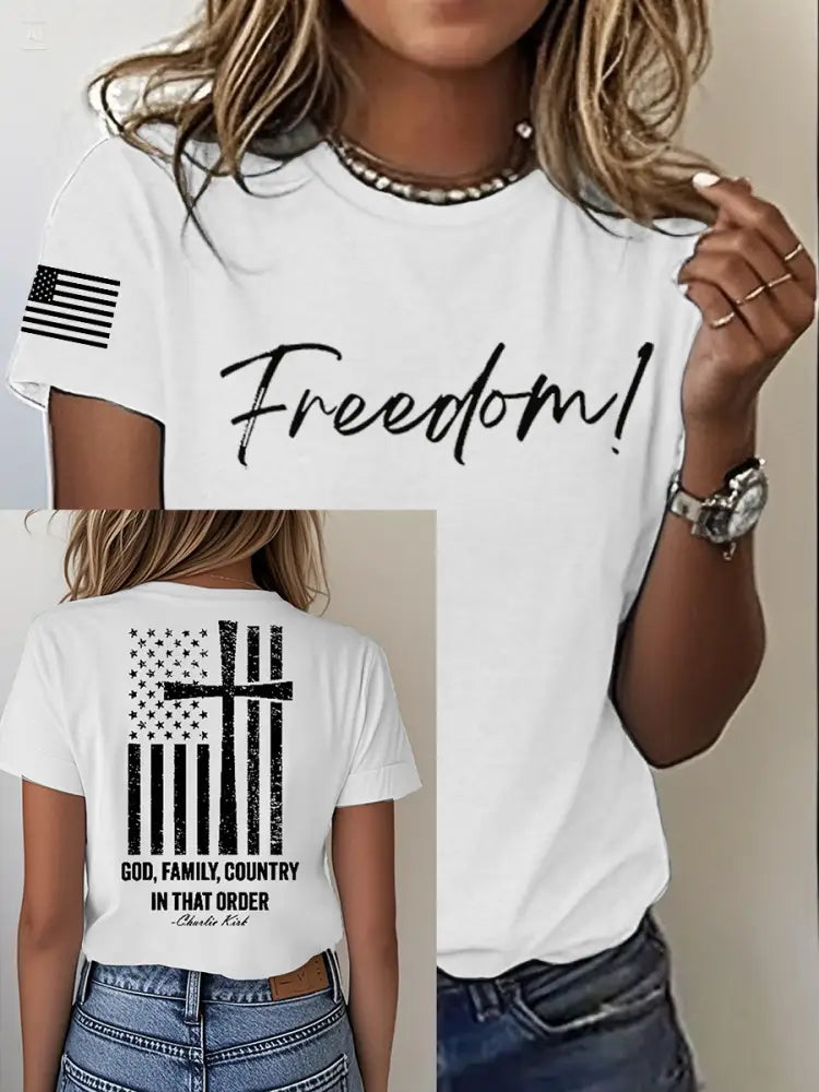 Women’s Charlie Kirk Freedom Print Iron On Short Sleeve T-Shirt White / S
