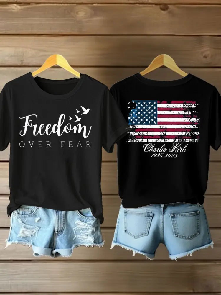 Women’s Charlie Kirk Freedom Printed Iron On Short Sleeve T-Shirt Black / S