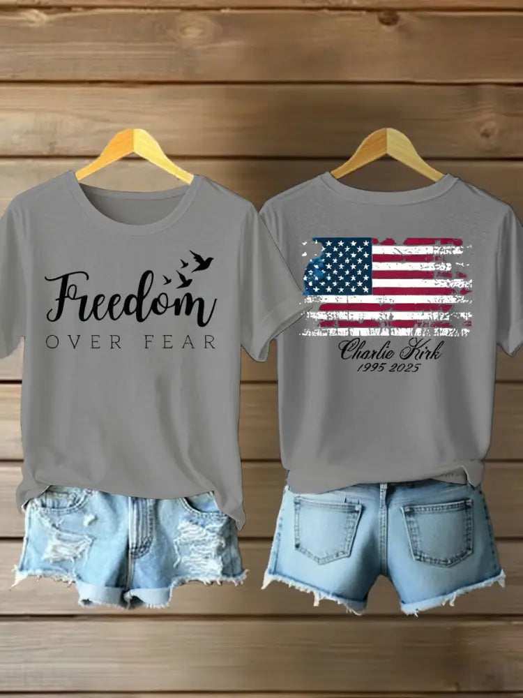 Women’s Charlie Kirk Freedom Printed Iron On Short Sleeve T-Shirt Light Gray / S