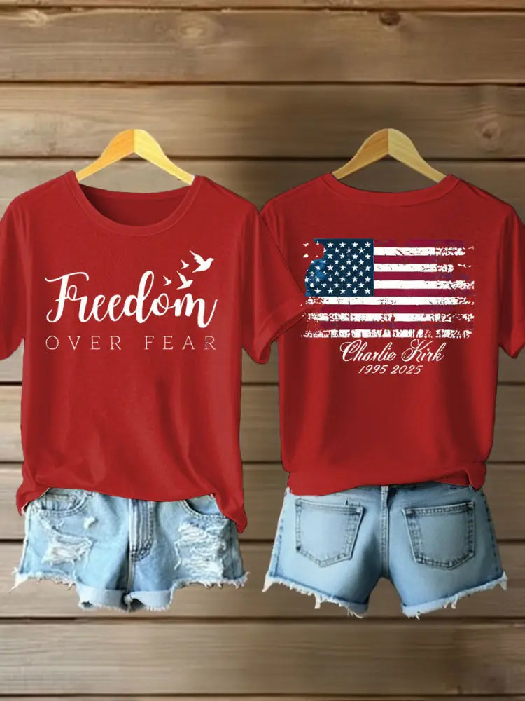 Women’s Charlie Kirk Freedom Printed Iron On Short Sleeve T-Shirt Red / S