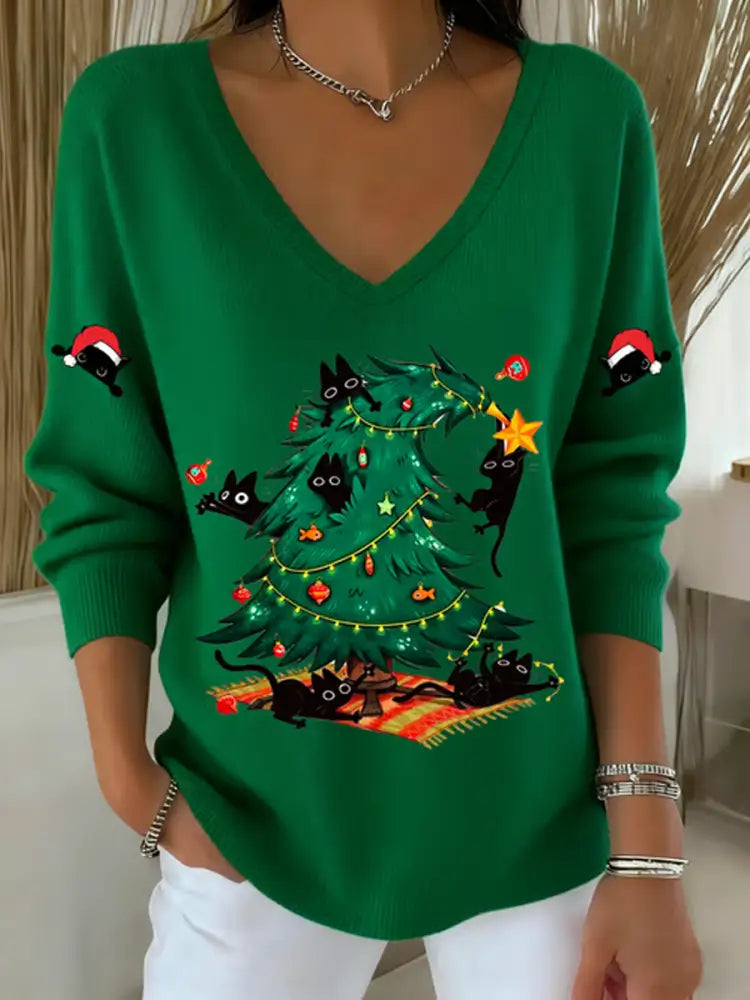 Women’s Christmas cat Printed Tops Green / S