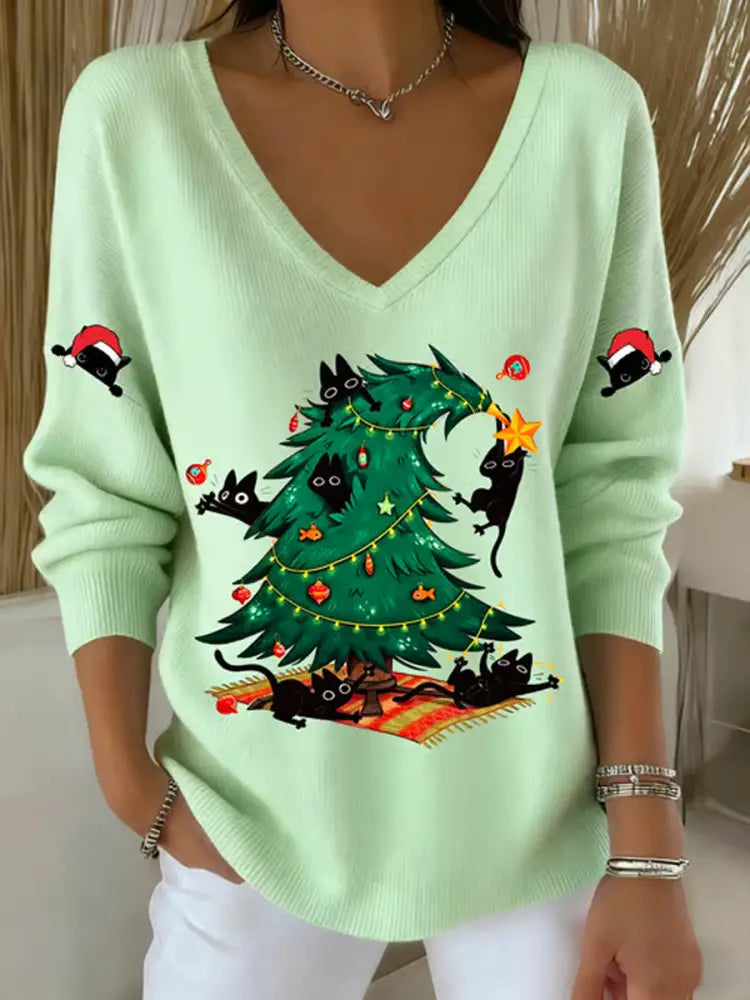 Women’s Christmas cat Printed Tops Light Green / S