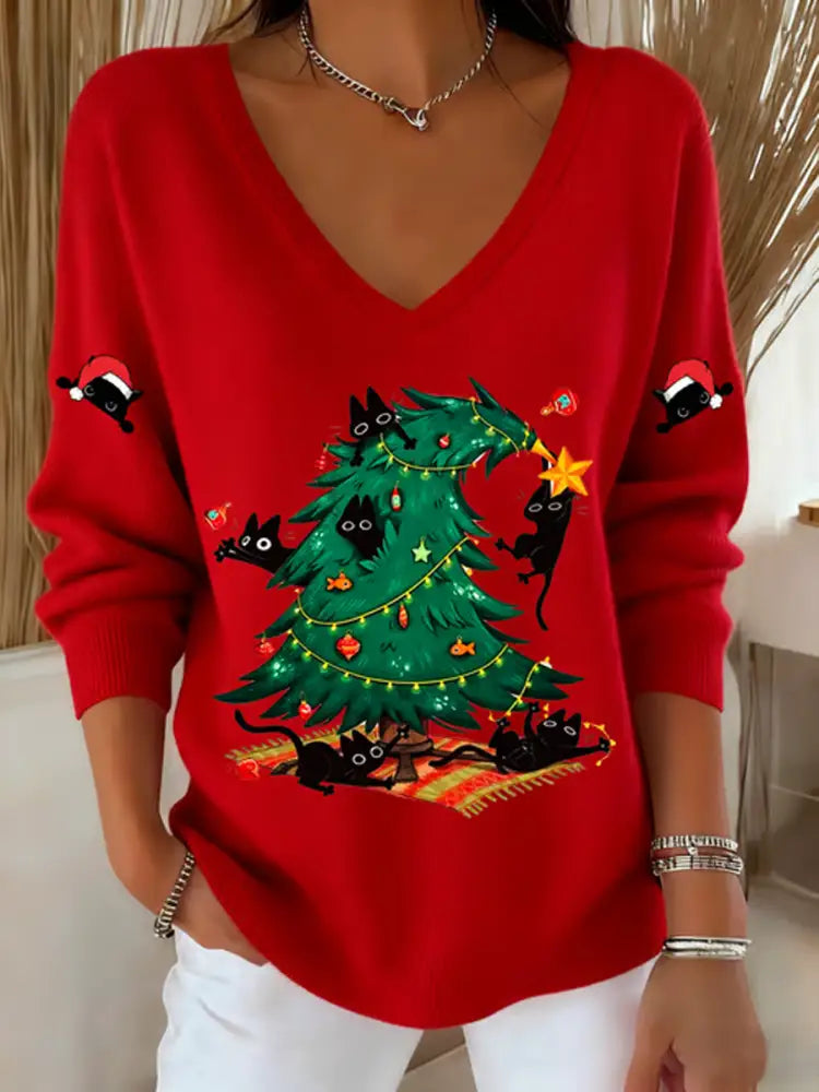 Women’s Christmas cat Printed Tops Red / S