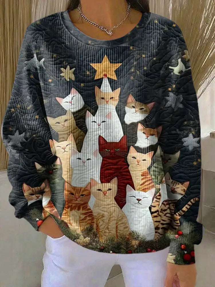 Women’s Christmas cat Ribbed Round-Neck Sweatshirt As picture / S