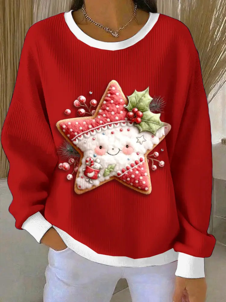 Women’s Christmas Cloud and Star Loose-Fit Crewneck Pullover Red / S