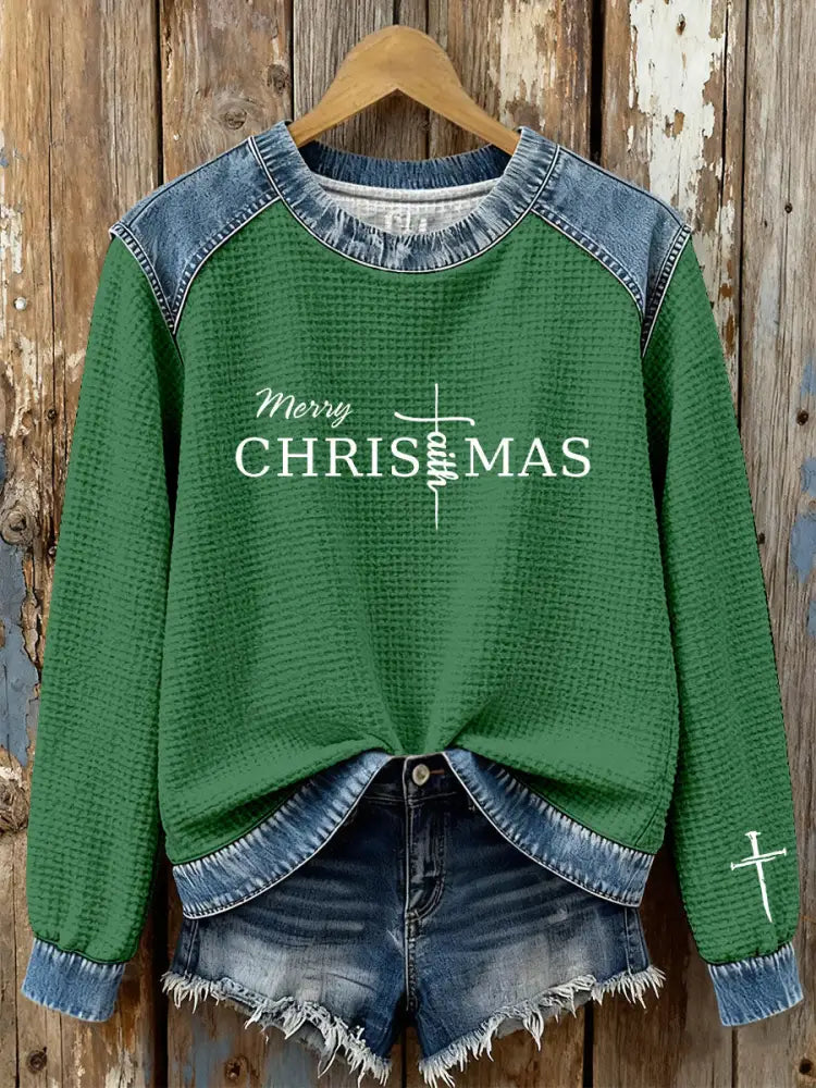 Women’s Christmas Cross Print Casual Top Green / S