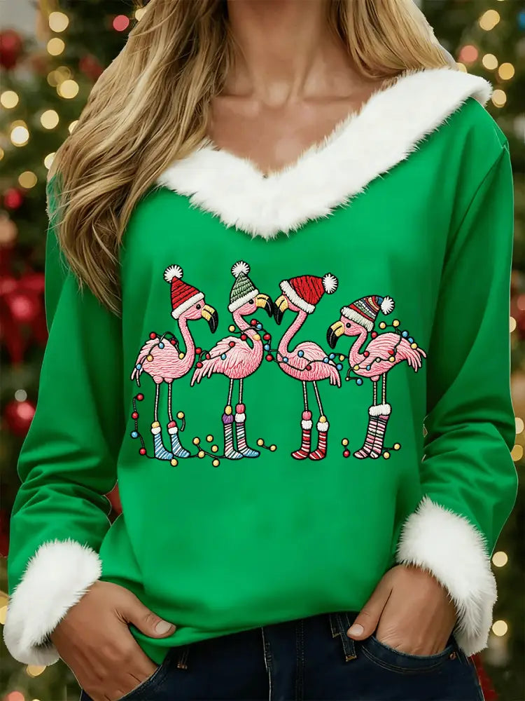Women’s Christmas Flamingo Print Casual Fur Collar Top Green / S