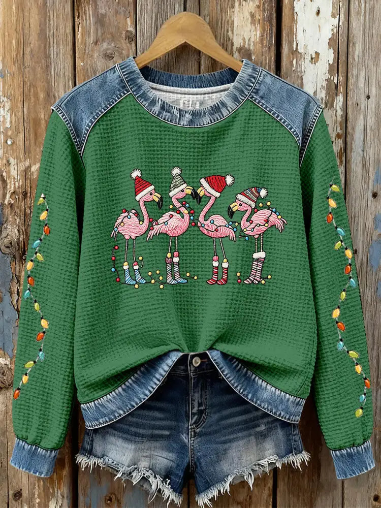 Women’s Christmas Flamingo Print Casual Top Green / S