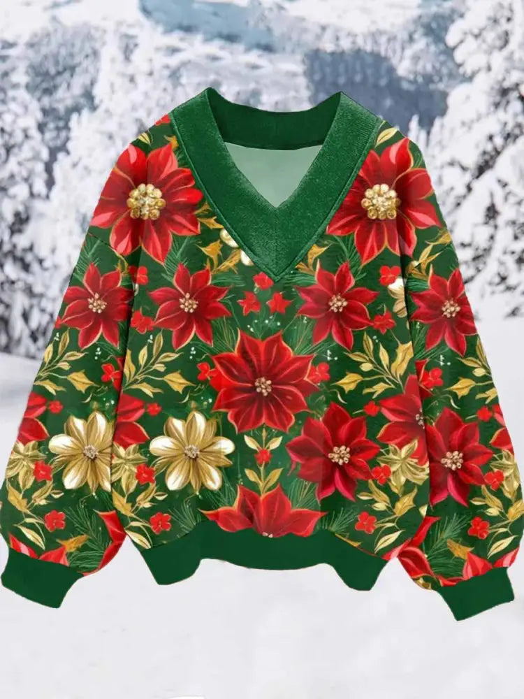 Women’s Christmas Flower Print V Neck Sweatshirt As picture / S