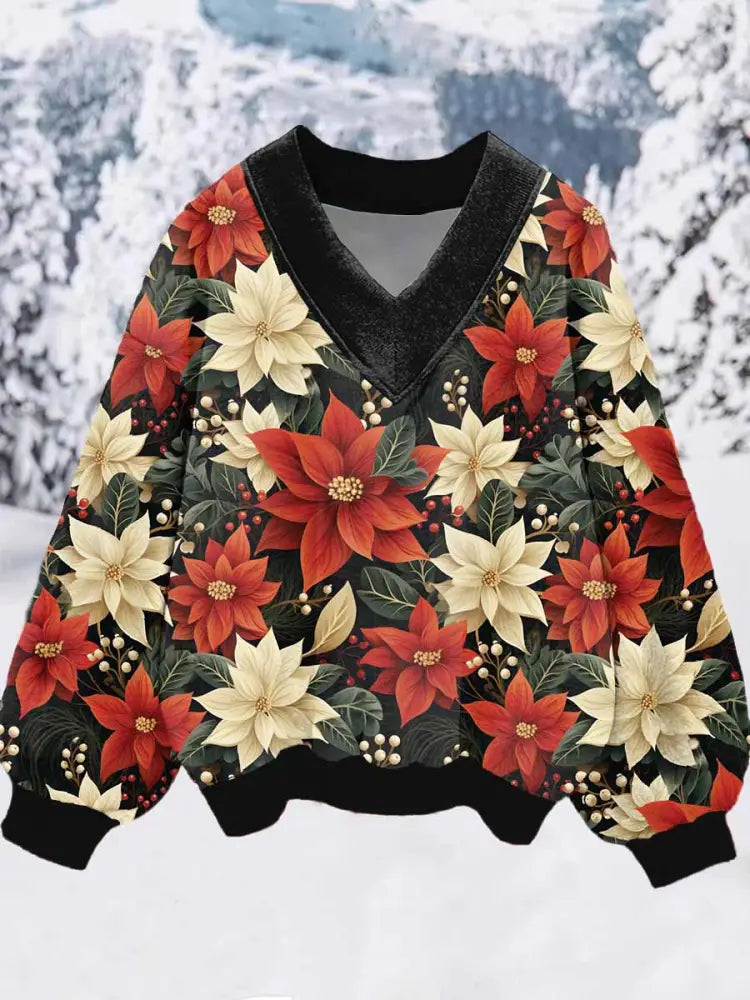 Women’s Christmas Flower Print V Neck Sweatshirt As picture / S