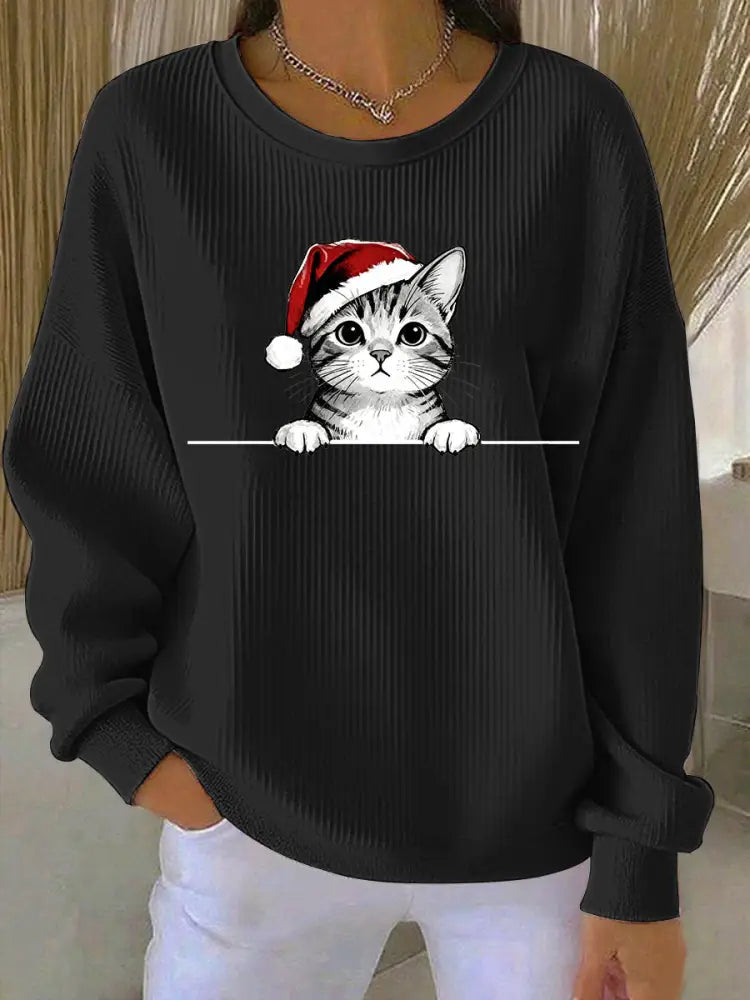 Women’s Christmas Hat Cat Ribbed Round-Neck Sweatshirt Black / S