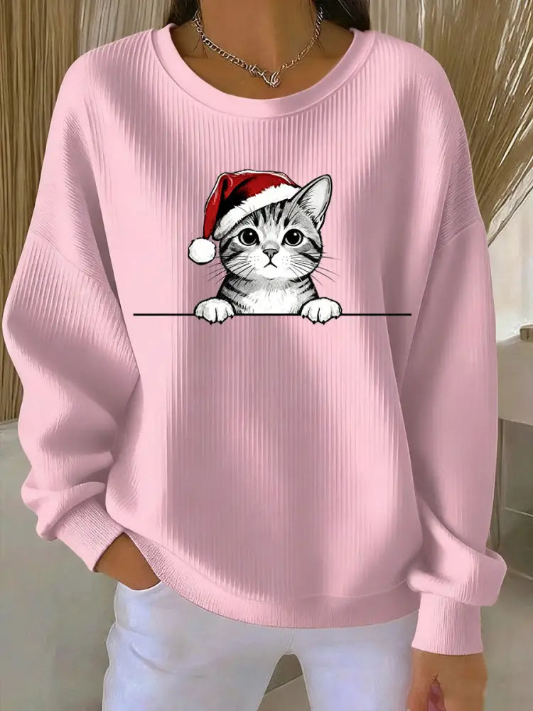 Women’s Christmas Hat Cat Ribbed Round-Neck Sweatshirt Pink / S