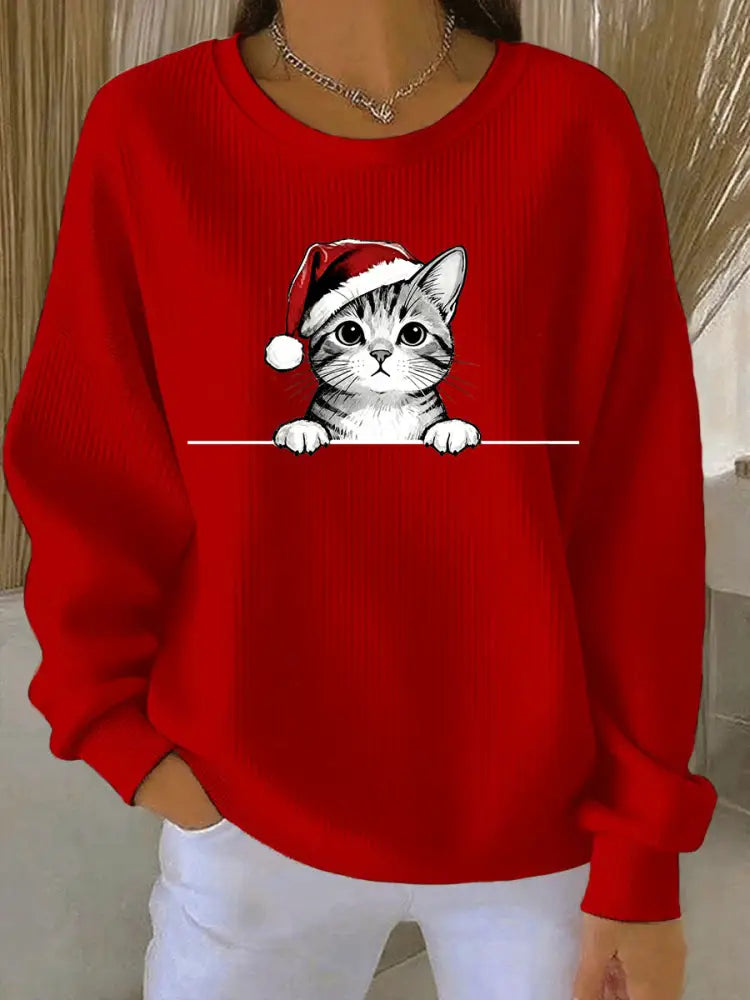 Women’s Christmas Hat Cat Ribbed Round-Neck Sweatshirt Red / S
