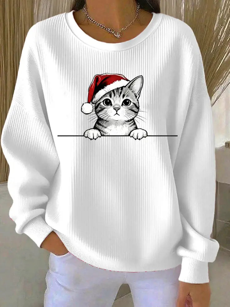 Women’s Christmas Hat Cat Ribbed Round-Neck Sweatshirt White / S