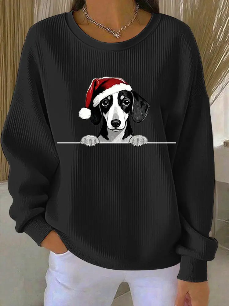 Women’s Christmas Hat Dachshund Ribbed Round-Neck Sweatshirt Black / S