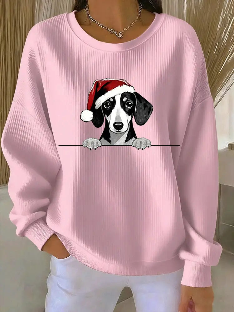 Women’s Christmas Hat Dachshund Ribbed Round-Neck Sweatshirt Pink / S
