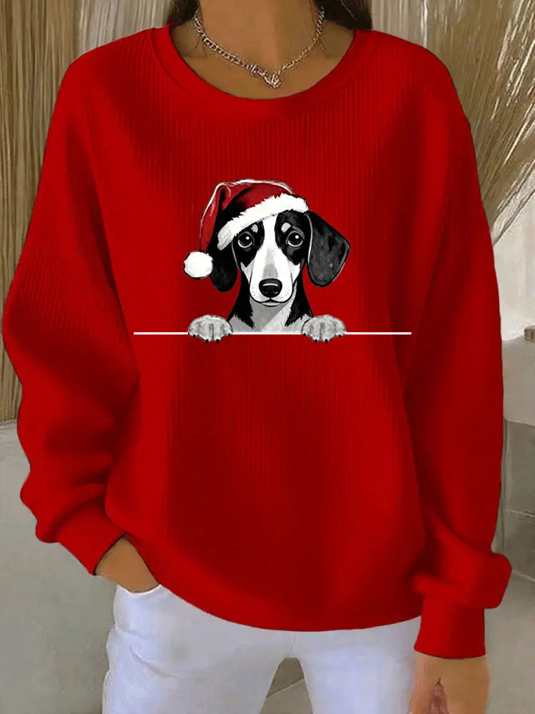 Women’s Christmas Hat Dachshund Ribbed Round-Neck Sweatshirt Red / S