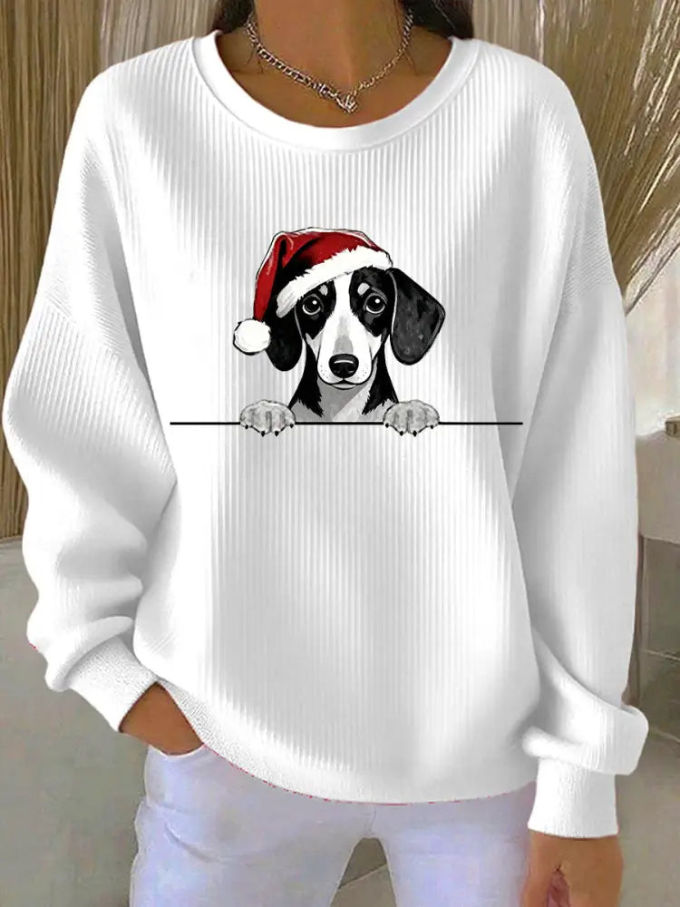 Women’s Christmas Hat Dachshund Ribbed Round-Neck Sweatshirt White / S