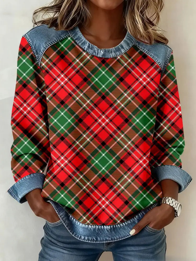 Women’s Christmas Inspired Plaid Pattern Patchwork Art Sweatshirt As picture / S