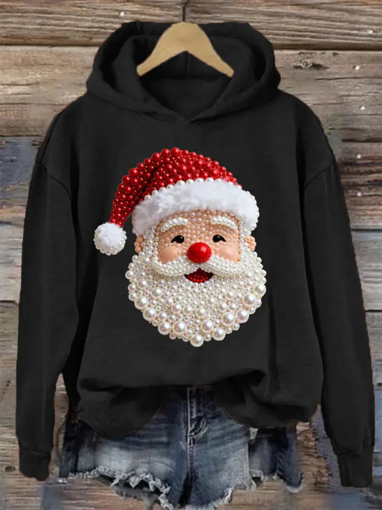 Women’s Christmas Pearl Santa Claus Print Casual Hoodie Black / S