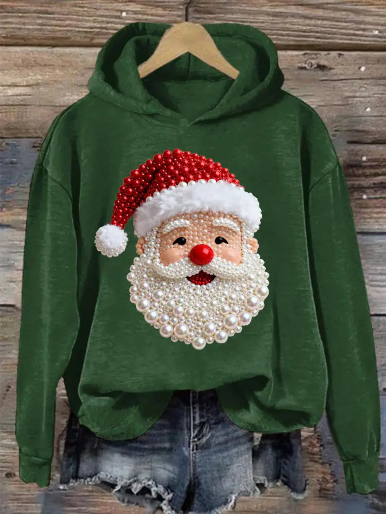 Women’s Christmas Pearl Santa Claus Print Casual Hoodie Green / S