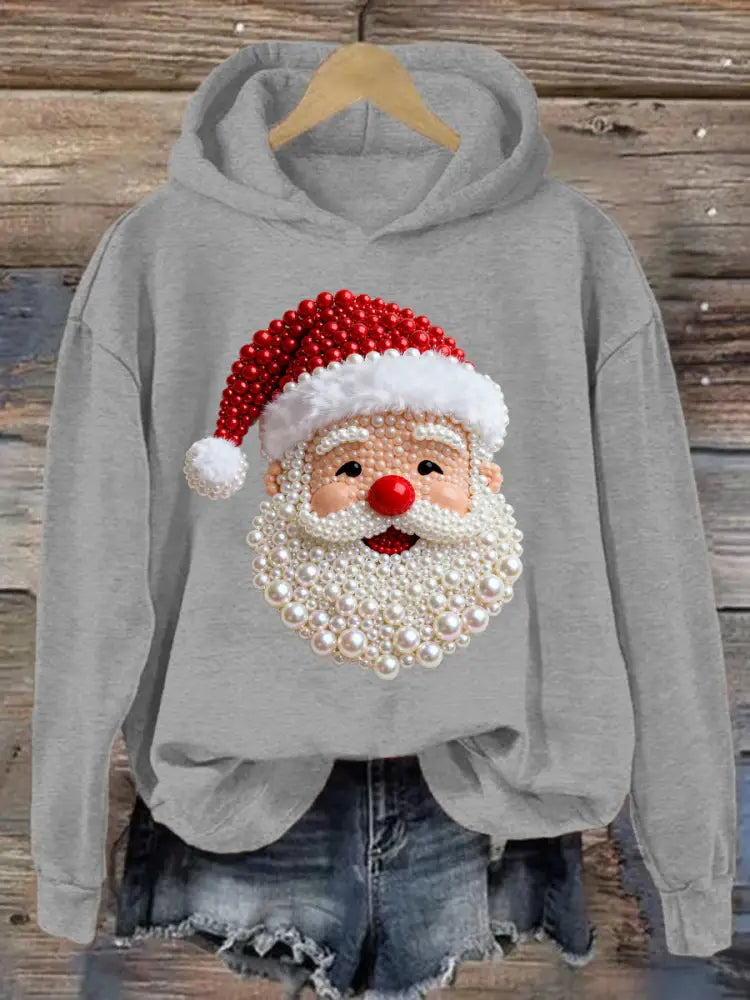 Women’s Christmas Pearl Santa Claus Print Casual Hoodie Light Gray / S