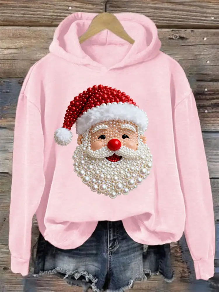 Women’s Christmas Pearl Santa Claus Print Casual Hoodie Pink / S