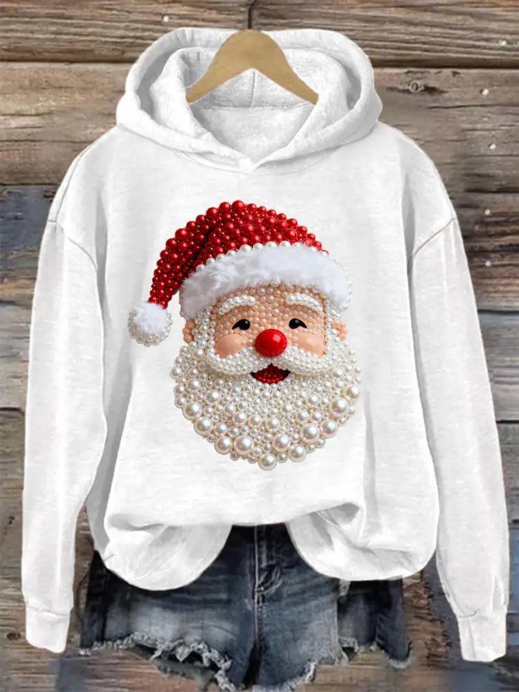 Women’s Christmas Pearl Santa Claus Print Casual Hoodie White / S