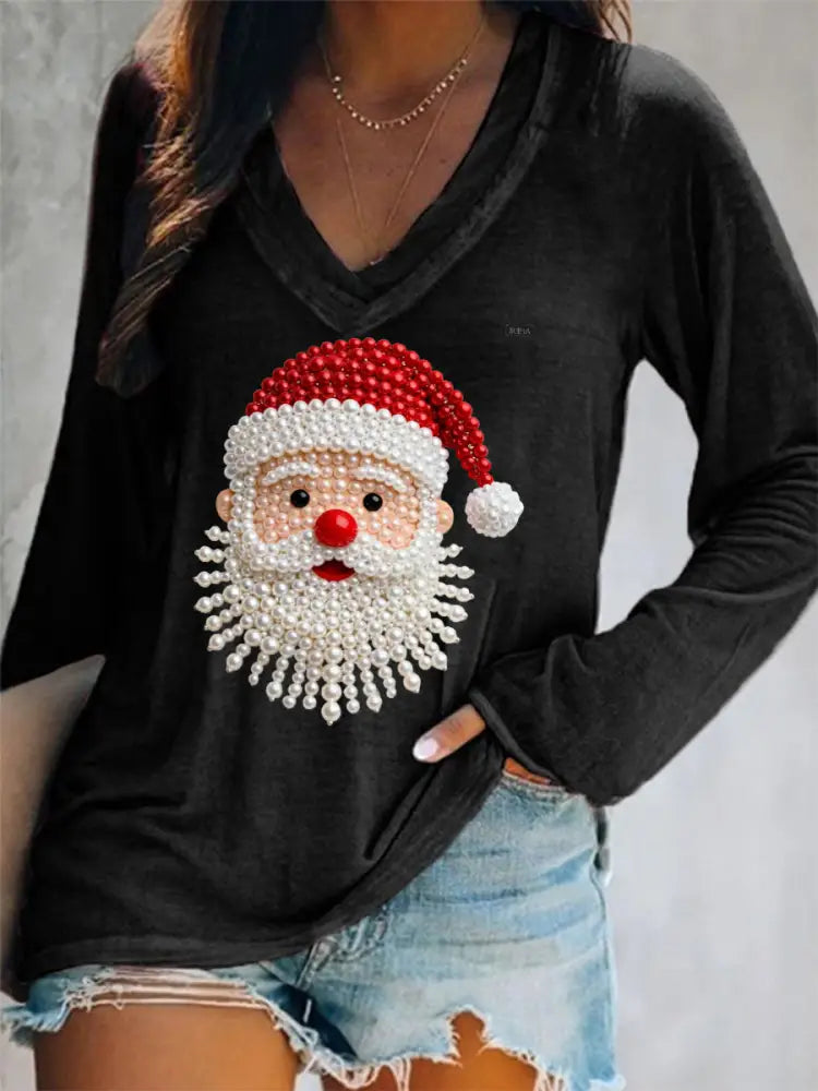 Women’s Christmas Pearl Santa Claus Print Casual Long-Sleeve V-Neck T-Shirt Black / S