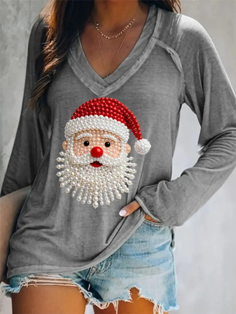 Women’s Christmas Pearl Santa Claus Print Casual Long-Sleeve V-Neck T-Shirt Gray / S