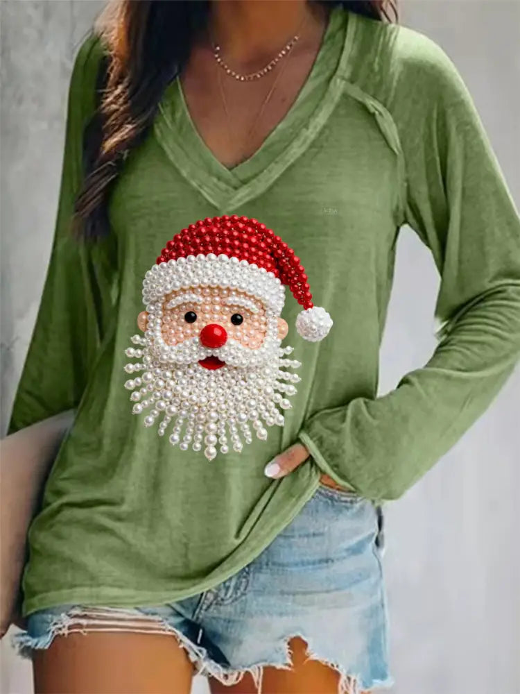 Women’s Christmas Pearl Santa Claus Print Casual Long-Sleeve V-Neck T-Shirt Green / S