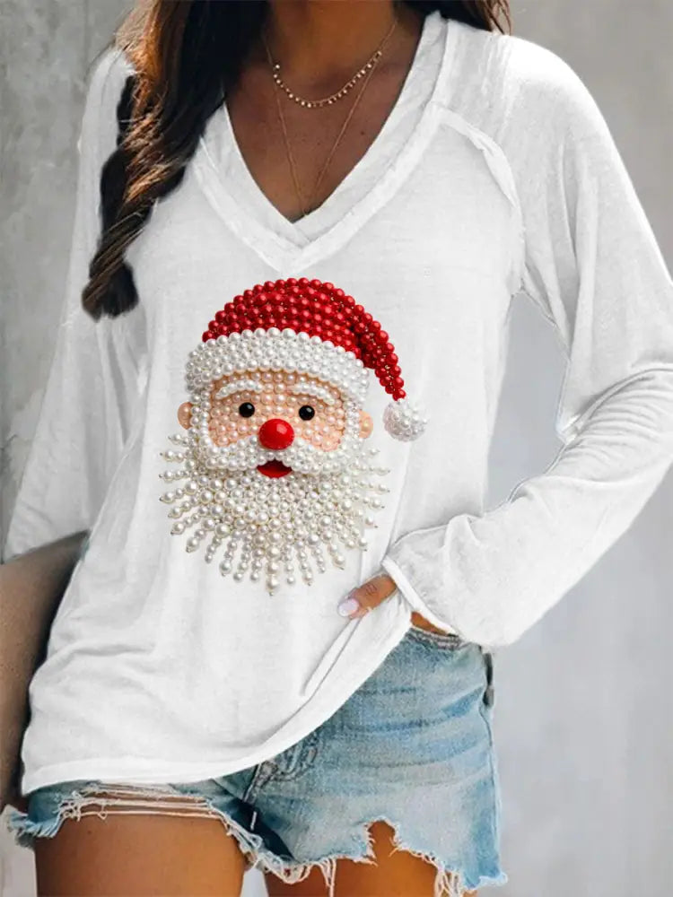 Women’s Christmas Pearl Santa Claus Print Casual Long-Sleeve V-Neck T-Shirt White / S