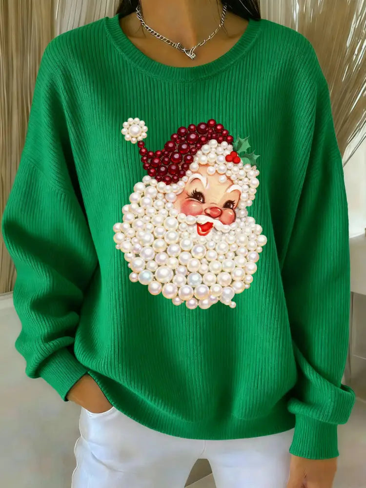 Women’s Christmas Pearl Santa Claus Print Casual Sweater Green / S