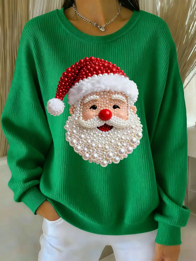 Women’s Christmas Pearl Santa Claus Print Casual Sweater Green / S