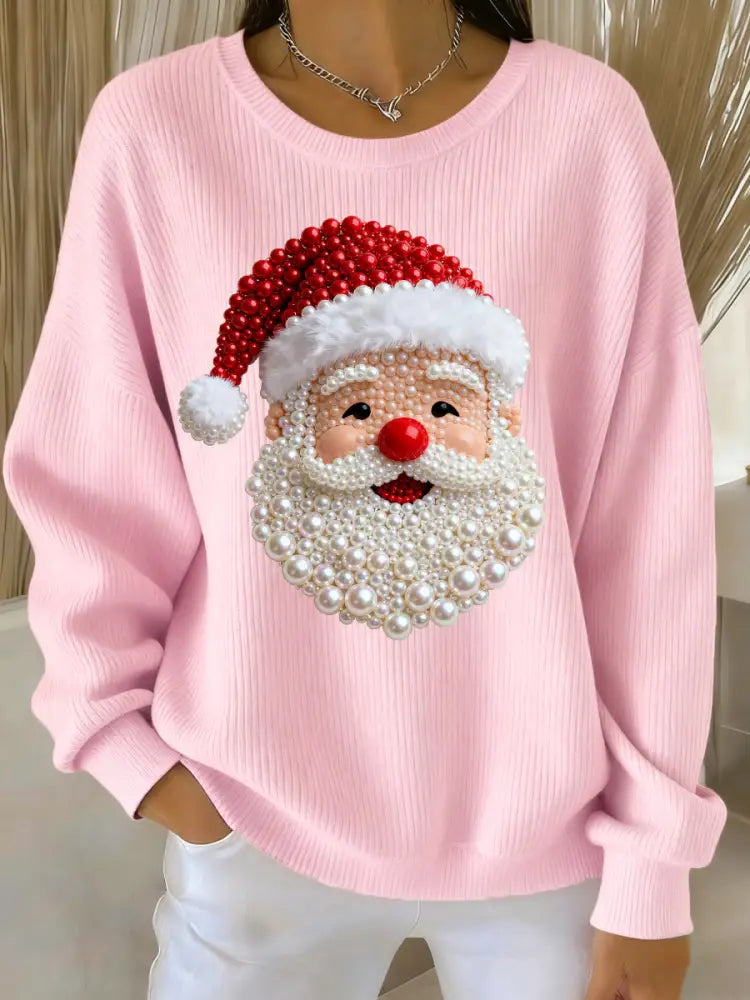 Women’s Christmas Pearl Santa Claus Print Casual Sweater Pink / S